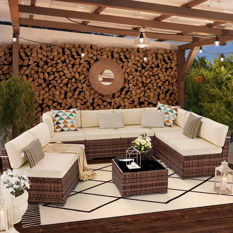 Avamay Rattan Sectional Seating Group with Cushions, Cream Performance Microfiber, No
