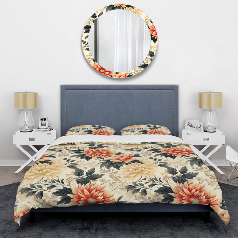 Ensemble de housse de couette vintage vert et beige Dahlia, Housse de couette simple + 1 taie décorative stan