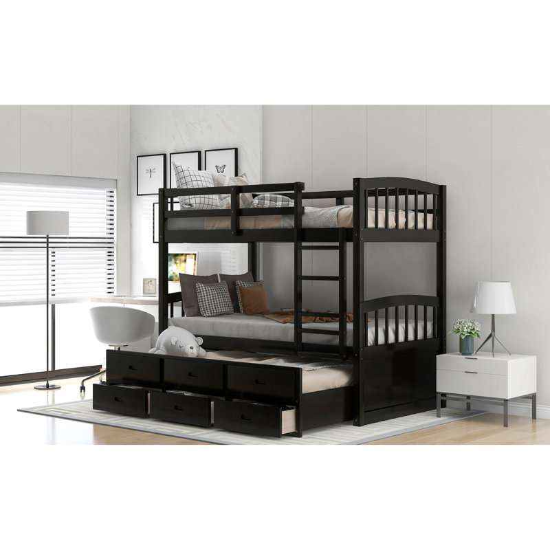 Lit simple superposé au dessus d'un lit gigogne et tiroirs - Porte-revues compact, Espresso