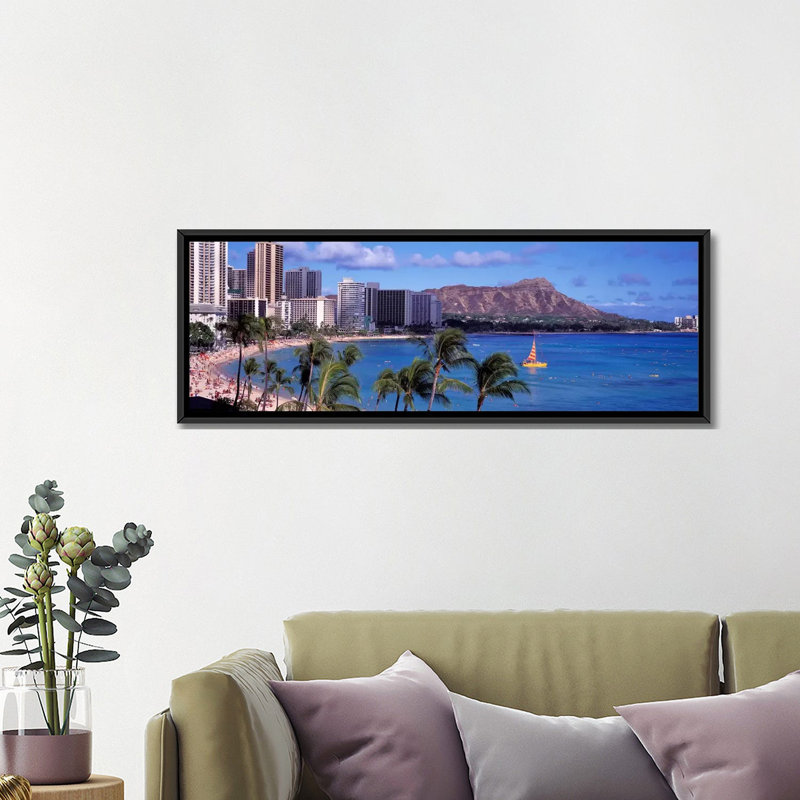 " Waikiki Beach, Honolulu, Hawaii, USA " by Panoramic Images, 16" H x 48" W x 1.5" D, Black Framed