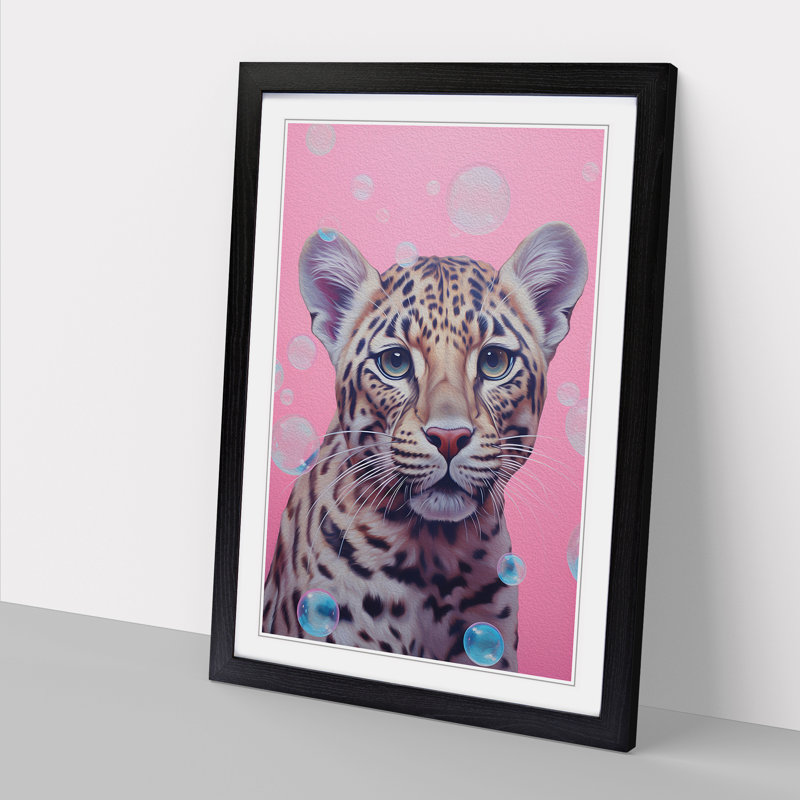 Leopard Bubble Gum Painting - Single Picture Frame Print on Wood, Black, 64cm H x 46cm W x 2cm D