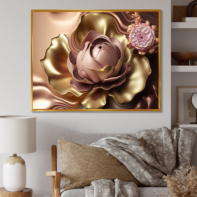Rétro, rétro, abstrait, fleurs roses et dorées I - Art mural floral, Cadre flottant doré, H 30 po x l 40 po x P 1,5 po