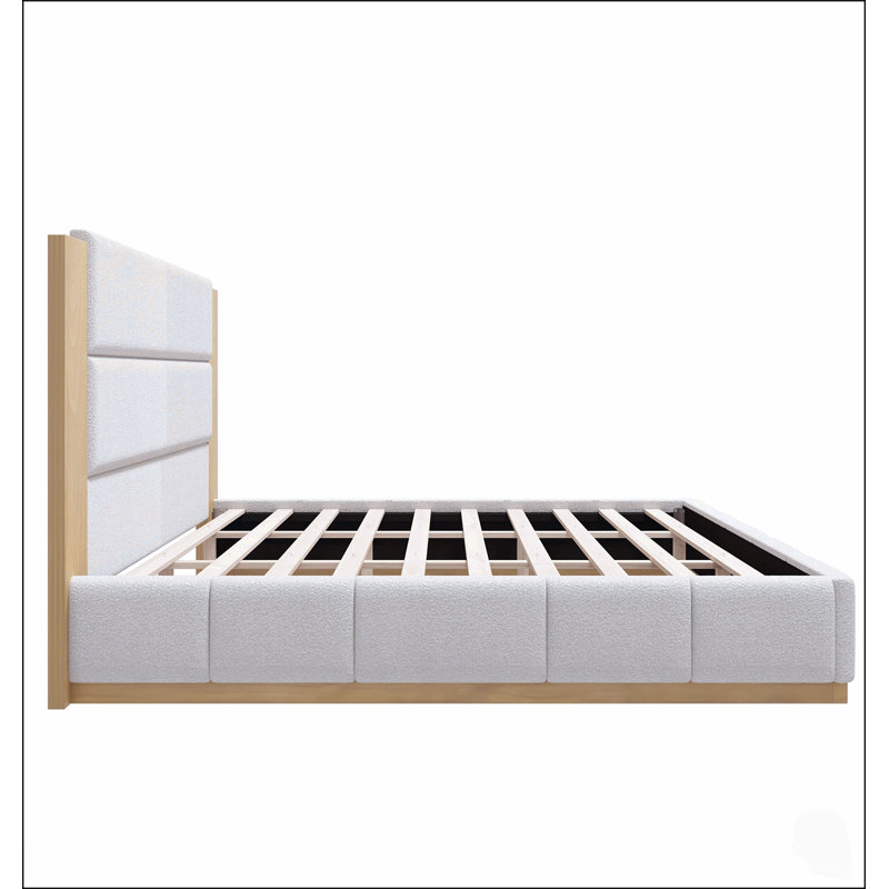 Cadre de lit plateforme rembourré avec tête de lit en bois allongée, design moderne, sans sommier, base en bois robuste, Gris