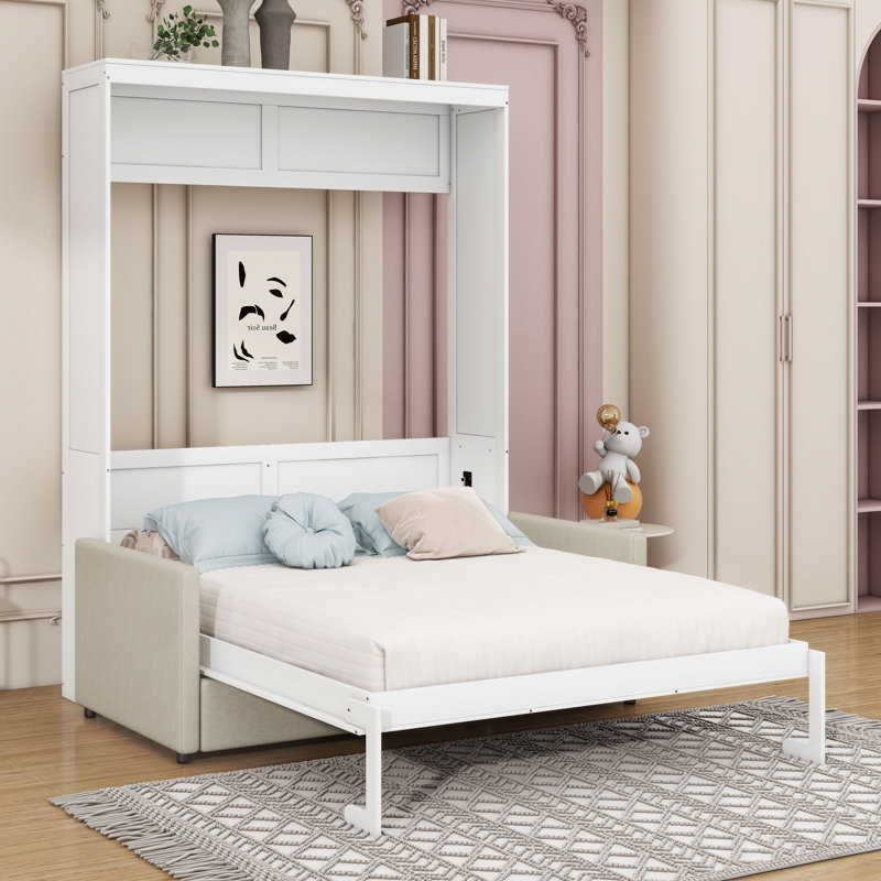 Shinpei Murphy Bed Wall Bed with Cushion, White, Full