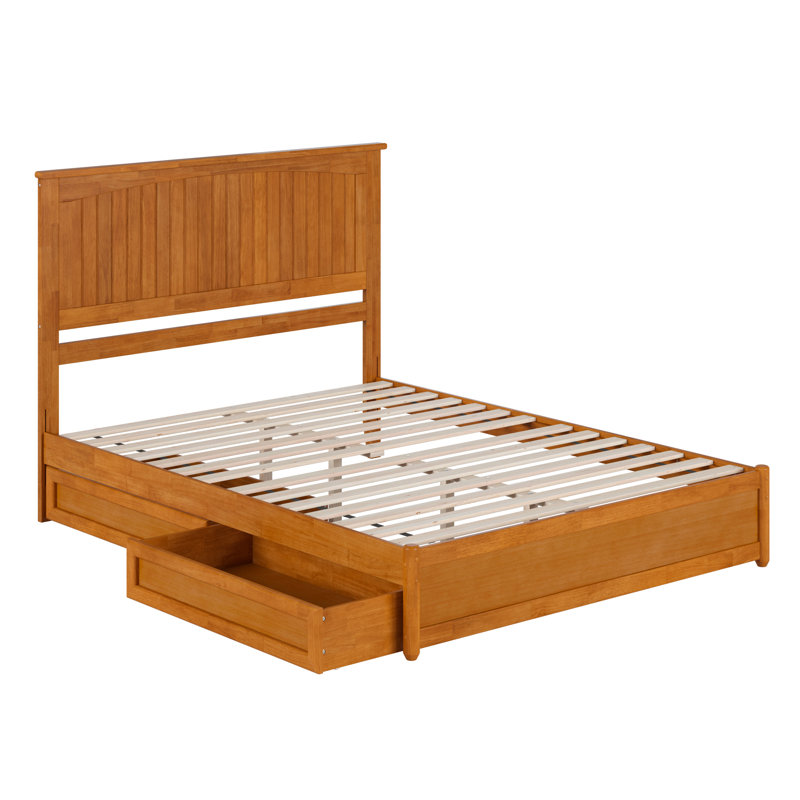 Lit plateforme en bois massif Lamaiyah avec pied de lit et tiroirs de rangement, Caramel clair, Grand