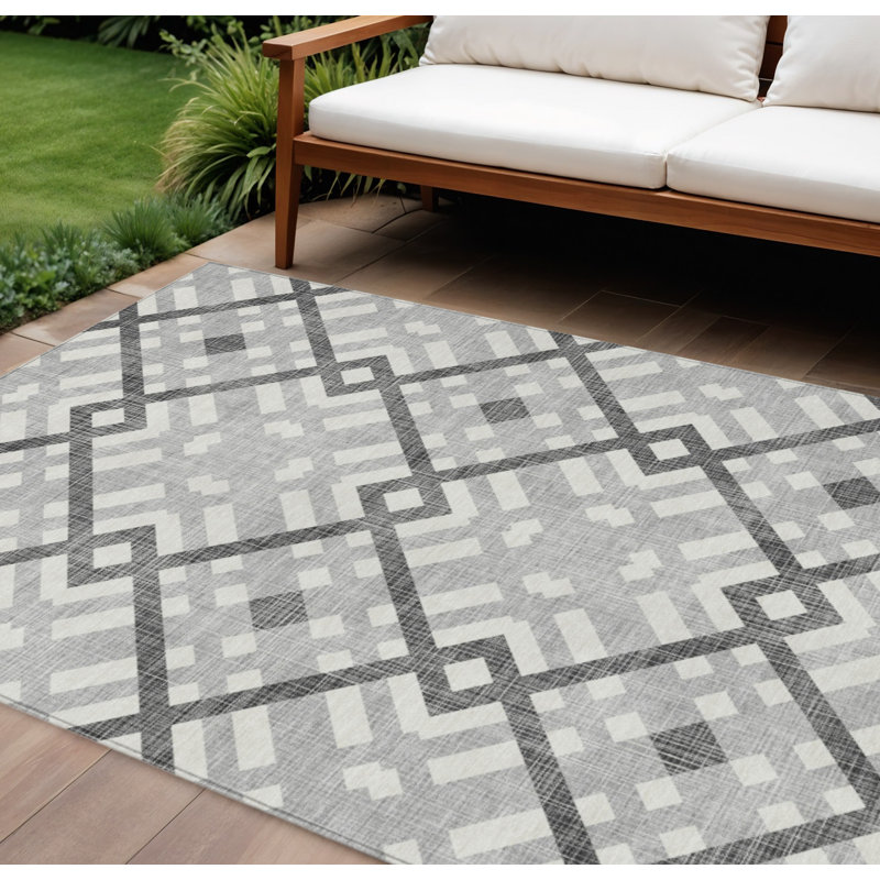 Tapis intérieur gris anthracite lavable 9 pi x 12 pi géométrique