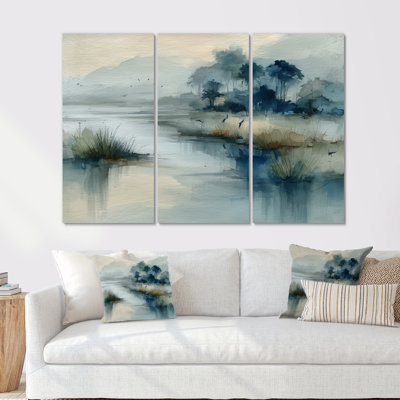 «Blue and Grey Foggy Morning River Run», ensemble de reproductions d'art mural
