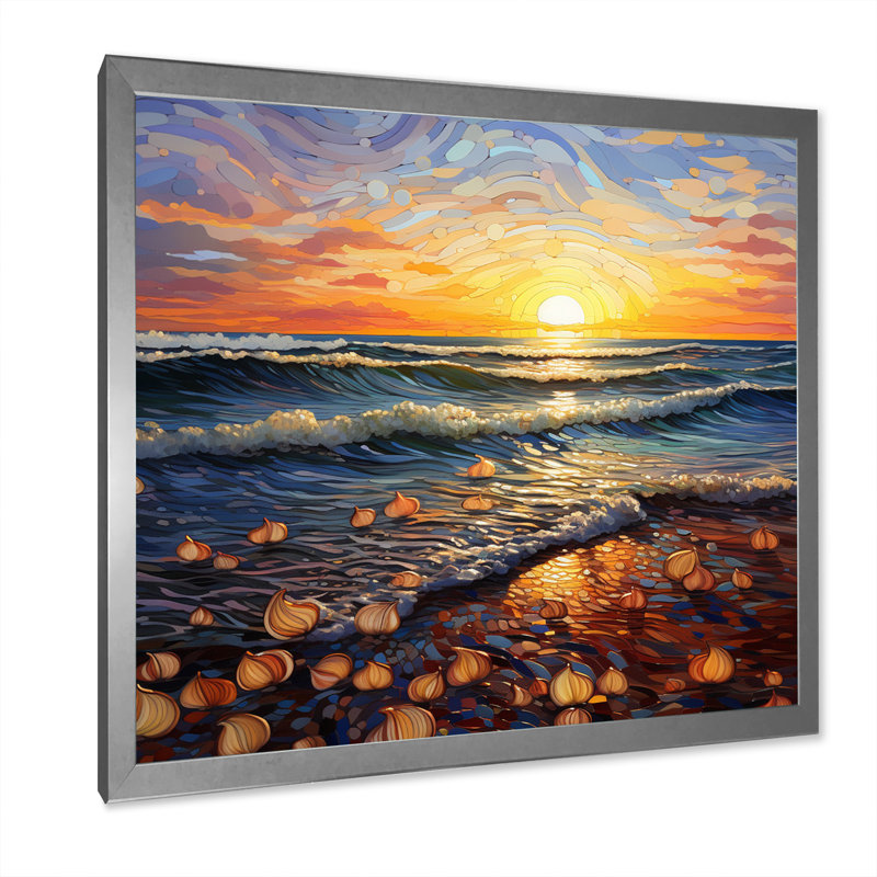 Plage Golden Sands Pointillism I, H 24 po x l 24 po x P 1 po, Cadre simple argenté
