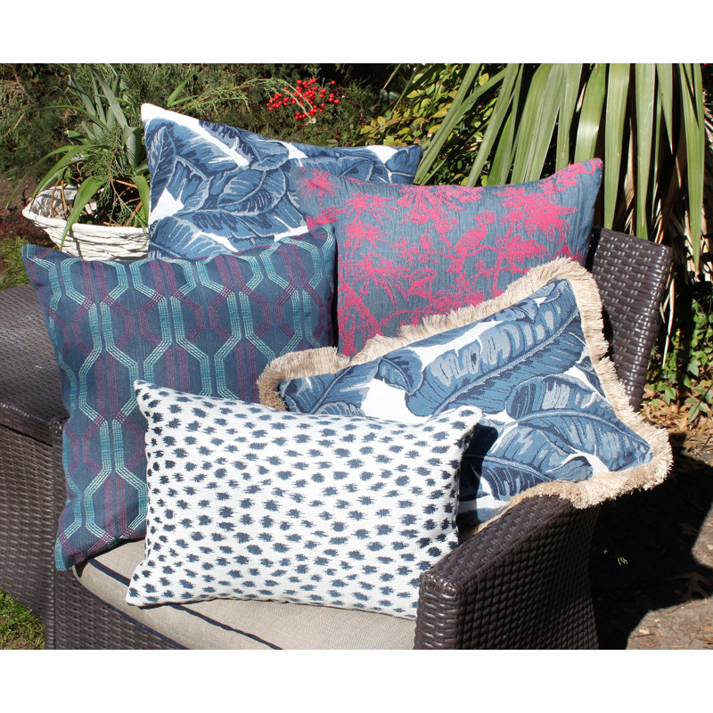Tropics Saint Fringed Sunbrella Indoor / Outdoor Floral  Lumbar Pillow, Blue/White