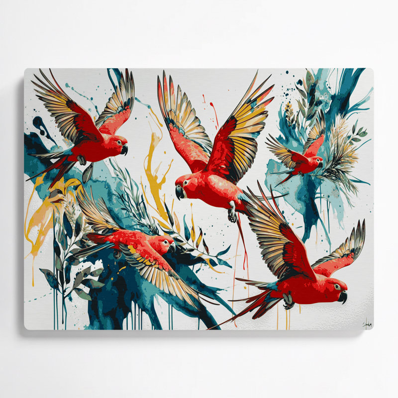Art mural oiseaux en métal brun cramoisi Rosella, H 240 po x l 288 po x P 0,05 po