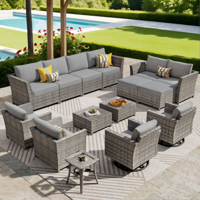 12-Person Mostly No Assembly Required Outdoor Sectional With Cushions And Swivel Rockers, All-Weather Wicker Patio Set by Lark Manor