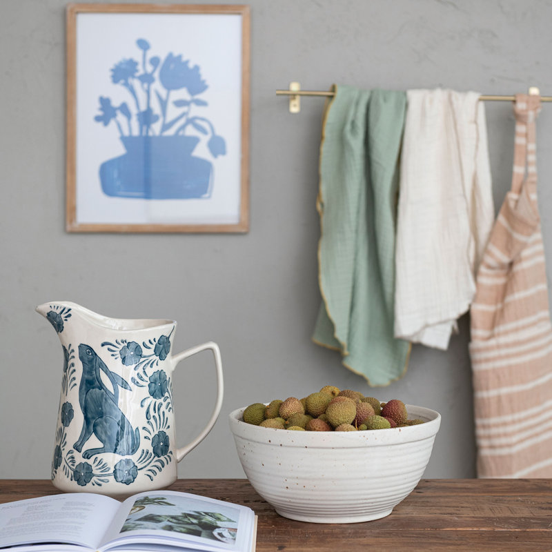 Stoneware Pitcher With Painted Rabbit And Florals