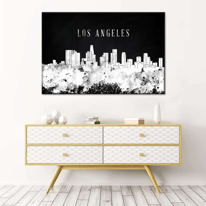 LA Skyline BW sur impression sur toile, H 34 po x l 51 po x P 1,25 po