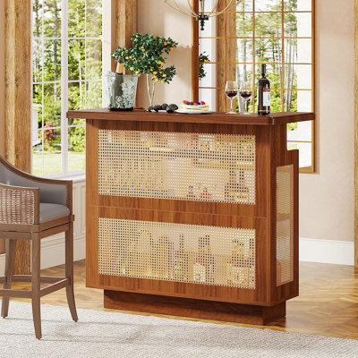 47.24 Inches Farmhouse Caramel Brown Rattan Home Bar Unit, 4-Tier Liquor Cabinet with Stemware Racks for Living room