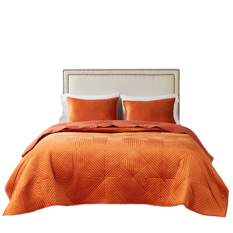 Burnt Orange Velvet Geometric Full/Queen Quilt Set