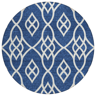 8' Navy Blue And Ivory Round Trellis Washable Indoor Outdoor Area Rug