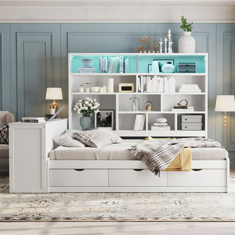 Lit de jour double en bois avec trois tiroirs, bureau, tablettes et lumières, Blanc