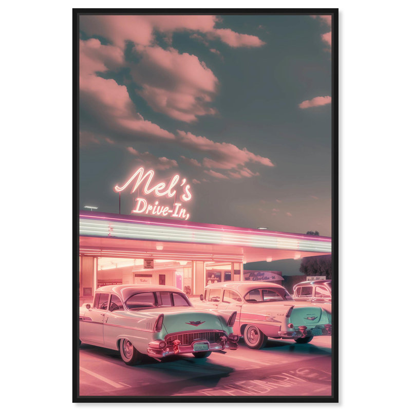 Drive In Stop Canvas par Art Remedy, Noir, H 16 po x l 11 po, Cadre flottant