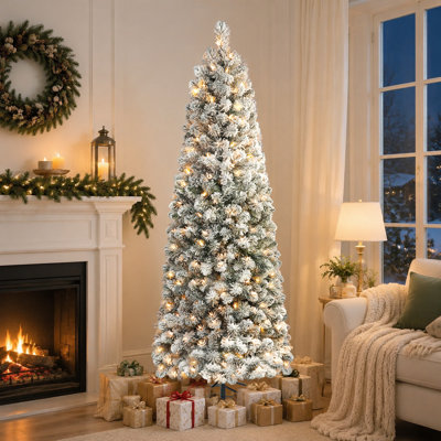 Arbre de Noël artificiel enneigé 9 pi avec 450 lumières blanc chaud, conception articulée à 4 sections, support en acier pliable, assemblage facile, vert et blanc