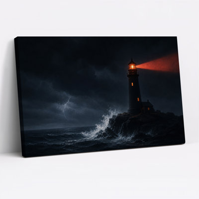 Art sur toile, "Phare avec poutre rouge au-dessus de l'océan orageux"