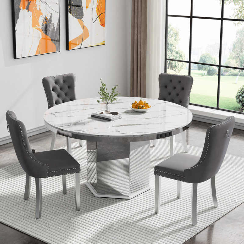 Round Faux Marble Dining Table Set, 47.24"-63" Extendable Oval Dining Table & Tufted Velvet Chairs, Modern Mirrored Kitchen Dining Room Table and Chairs Set