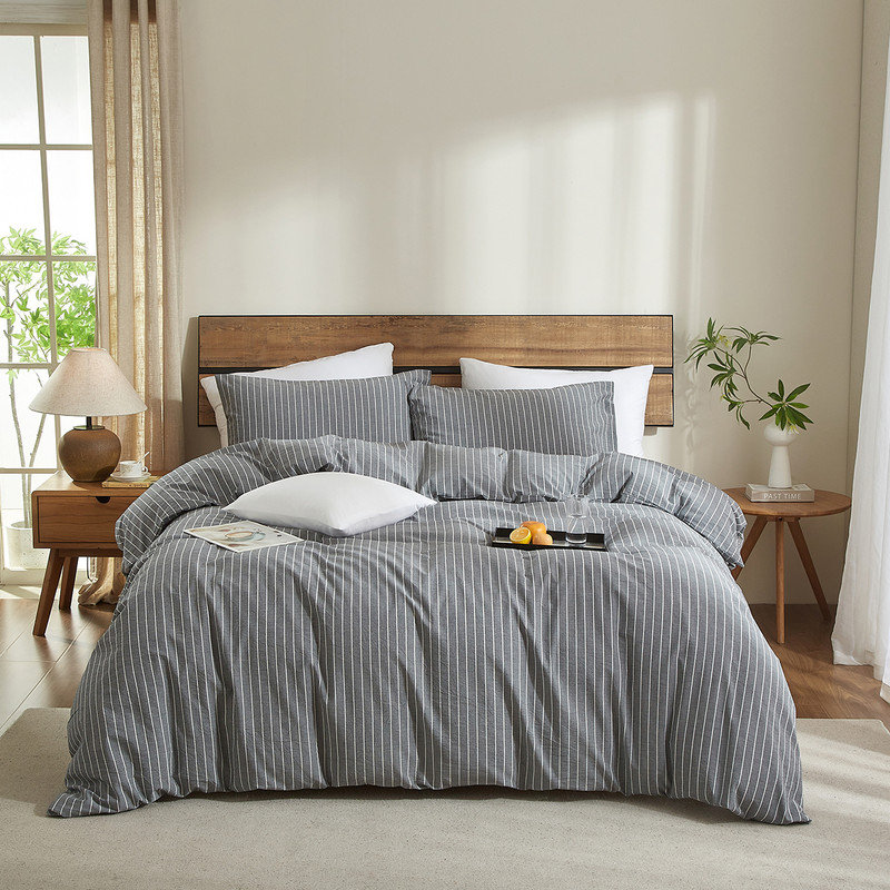 Ensemble de housse de couette à rayures 100% coton délavé Life, Housse de couette double + 2 taies d'oreiller