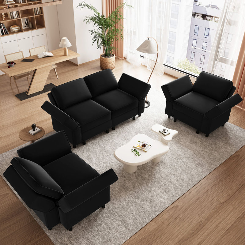 Ensemble de salon modulaire rembourré Elda, Velours noir