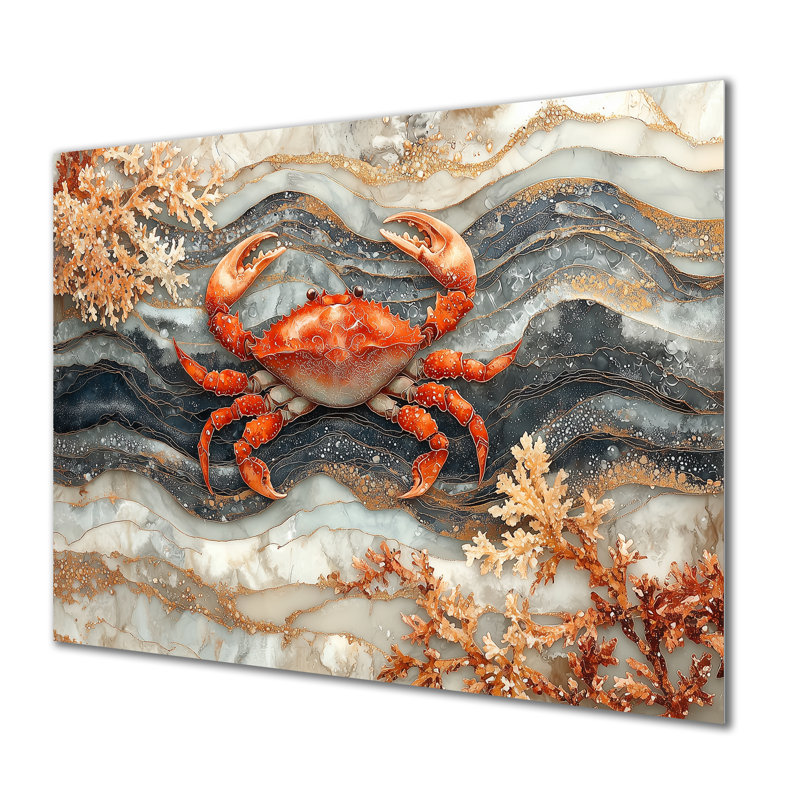 Aquarium bleu et blanc avec grand crabe I - reproduction d'art moderne en métal, art mural crabe en métal, H 16 po x l 32 po