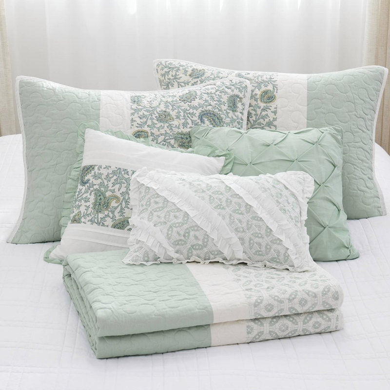 Courtepointe 6 pièces - Coton avec coussins texturés et coussins, Courtepointe très grand + 5 pièces supplémentai, Turquoise