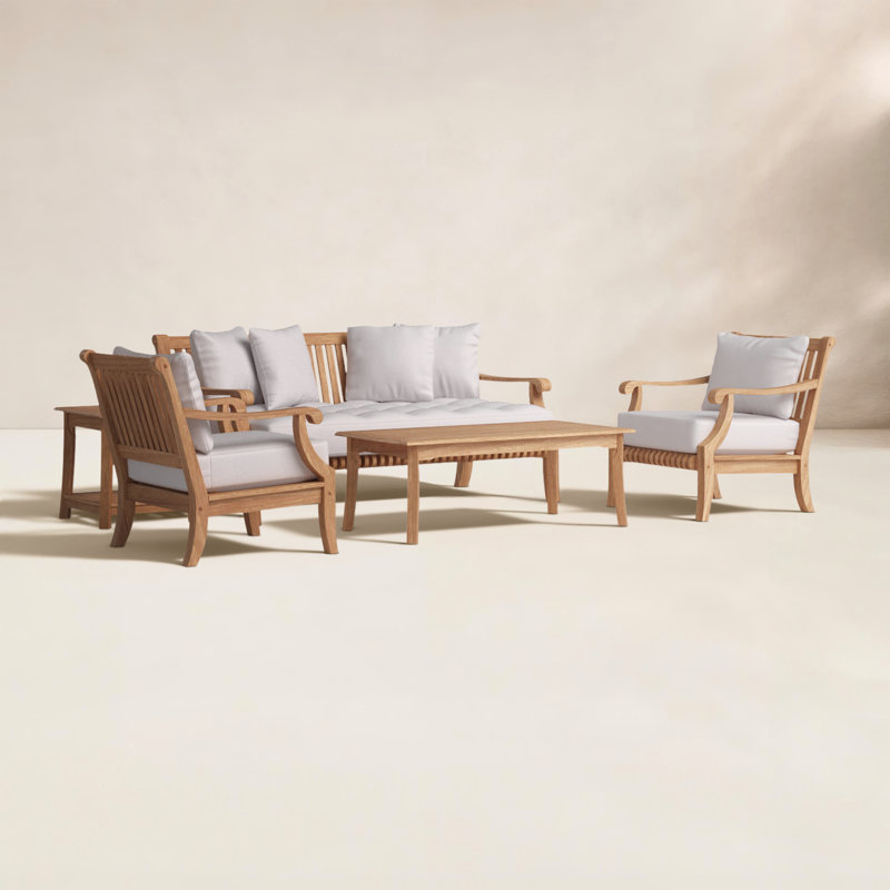 Mabrey 5 - Person Teak Outdoor Seating Group with Cushions, Beige, Natural Teak