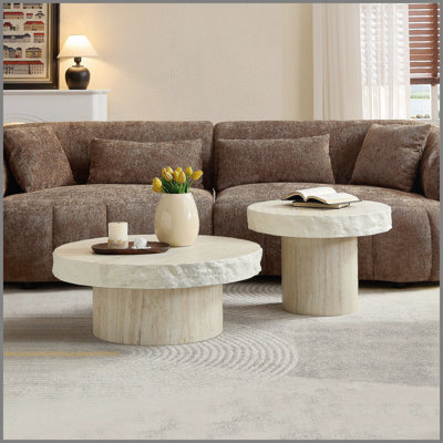 Ensemble de 2 tables basses à motif de textures artificielles MARS pour salon sans assemblage beige