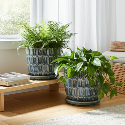 Plateau décoratif décoratif en céramique avec motif - Pots de fleurs d'intérieur élégants avec soucoupe pour patio, salon ou décoration intérieure - ensemble de 2, 8 po, 6 po, bleu