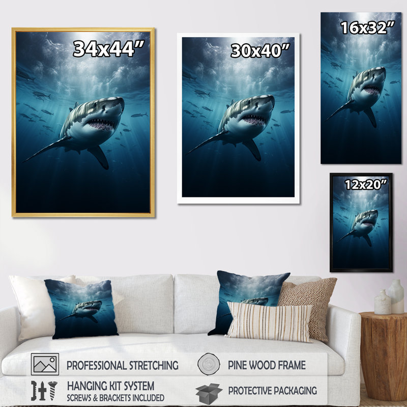 " Blue Shark Apex Predator Photo II ", White Single Picture Framed, 32" H x 16" W x 1" D