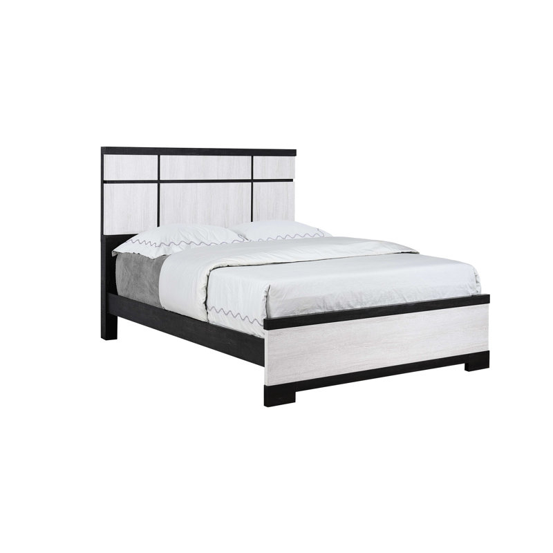 Moderne, cadre de grand lit, tête de lit à deux tons géométrique saisissante, couleurs ébène et crème, style transitionnel, pour chambre à coucher, assemblage transitionnel simple, lit, craie accrocheuse