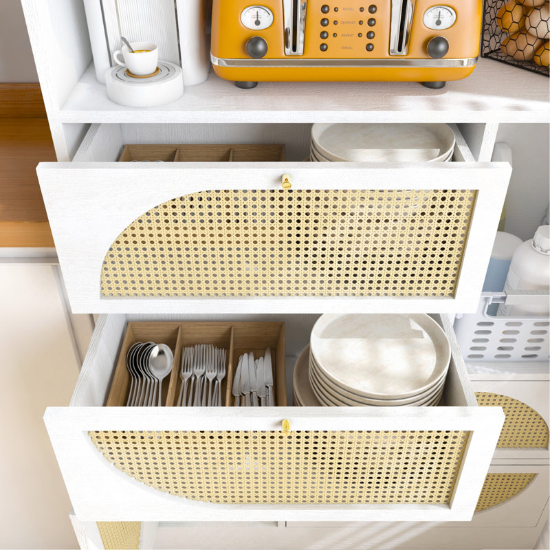 Cabinet Storage With Rattan Doors, Tall Freestanding Hutch Cabinet With Power Outlet,4 Cabinet Door And 4-Drawers& 1 Large Countertop, Buffet Drawer Cabinet Door Design