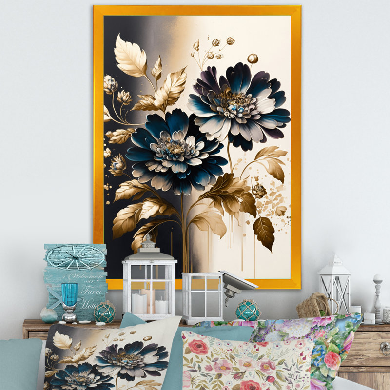 «Blumer Blue and Gold Zinnia Flowers V», reproduction sur toile, H 32 po x l 16 po x P 1 po, Encadrement doré