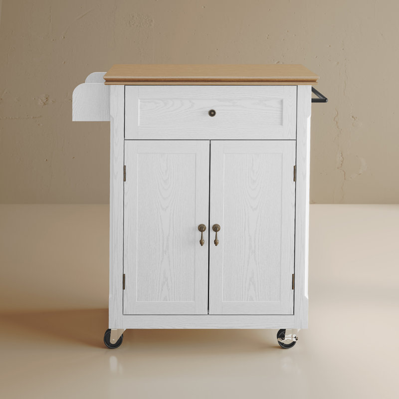 Rolling Kitchen Island with Storage Drawer, Portable Kitchen Cart on Wheels with Solid Wood Veneer, White