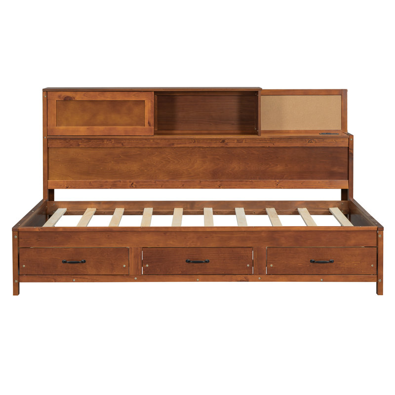 Lit de jour simple en bois avec rangement, ports USB, tablette et panneau de dossier souple, cadre fonctionnel, Brun