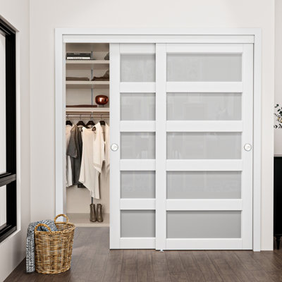 80"  5-Lite Style White  Frosted Glass Sliding Closet Door With Hardware Kit, Assembled Need 