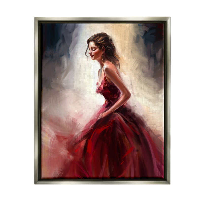 Robe femme élégante rouge par Ziwei Li, 31" H x 25" W x 1.7" D, Cadre flottant gris lustré