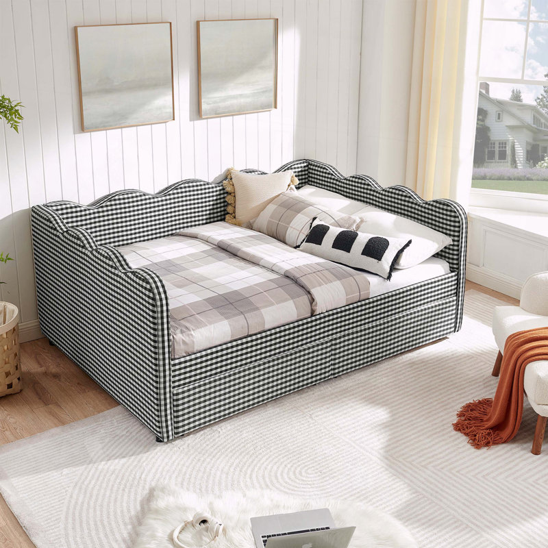 Gingham Daybed Storage Drawers USB Port Wave Shaped, Full , Black