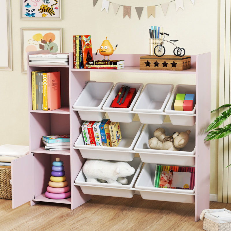 AIYAPLAY Toy Storage Unit with 8 Removable Bins for Playroom Cabinet Pink