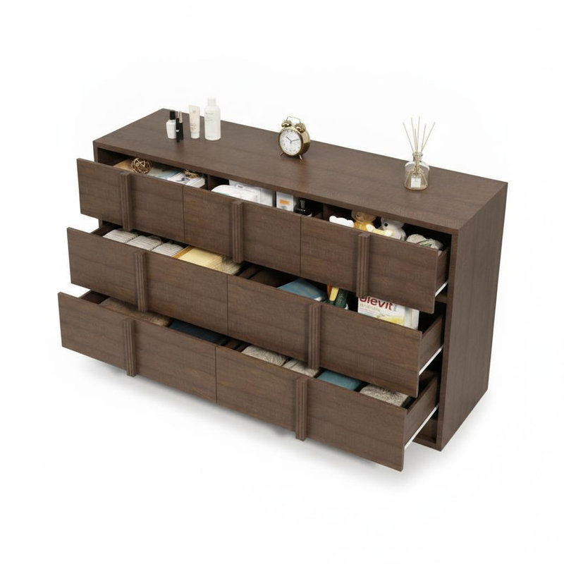 Meuble télé moderne en chêne avec tiroirs de rangement – ​​Console multimédia pour téléviseur jusqu'à 50 pouces – Commode pour chambre et salon – MDF robuste – Brun rouge, 6 tiroirs