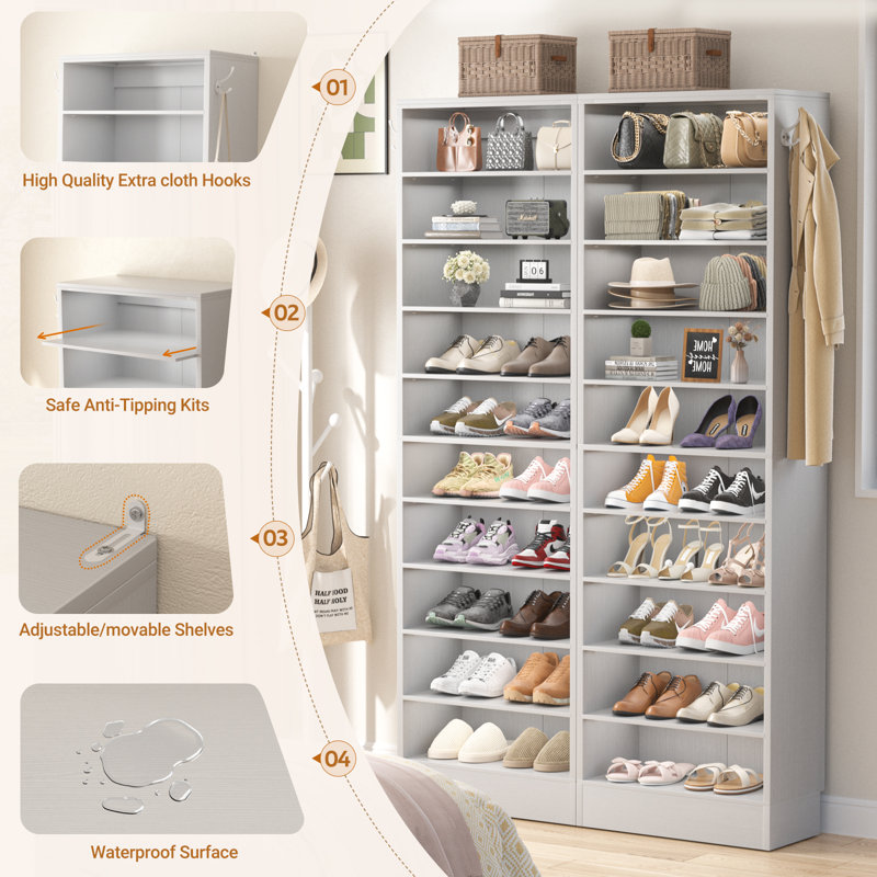 Tall Shoe Storage Cabinet, 10 Tiers Wood Shoe Rack, Gray
