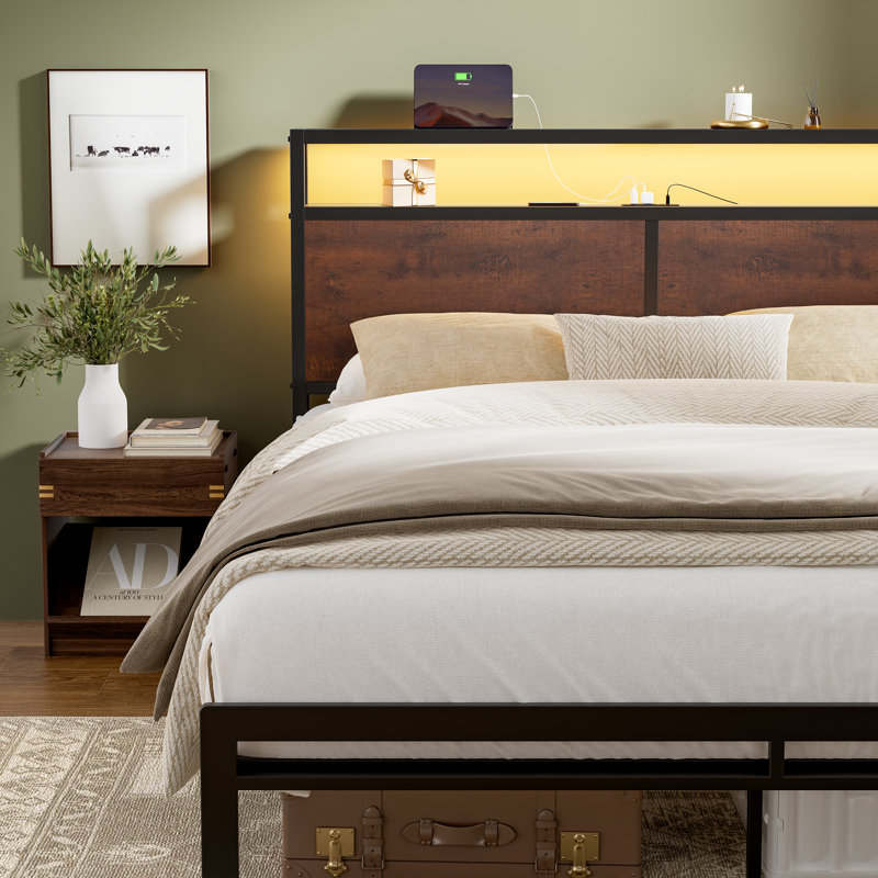 Antioch Bed Frame with LED Light and Charging Station, Metal Frame with Storage Headboard, Large Storage Space, No Spring Box Needed