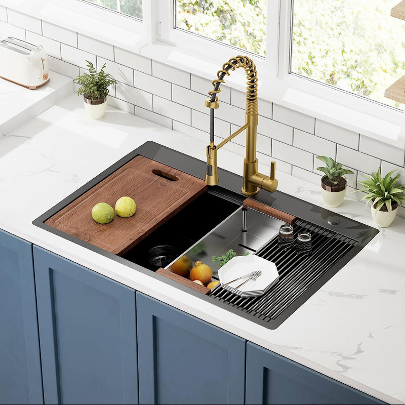 Évier de cuisine noir en acier inoxydable de calibre 16 avec cuve encastrée 33 po - 33 po Gunmetal
