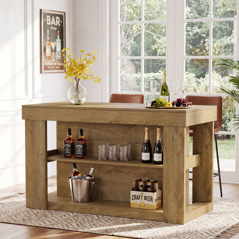 55" W Bar Table with 2 Storage Shelves, Rectangular Pub Table for Home Bar