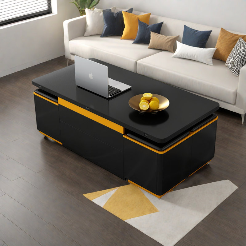 Table basse à plateau relevable avec 4 tabourets de rangement, table basse moderne avec plateau pliable, table basse réglable multifonctionnelle pour le salon