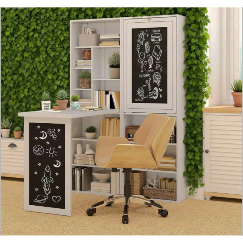 Foldable Computer Desk with Blackboard, Multi-Functional Writing Study Desk with 3-Tier Adjustable Shelf, Space-Saving Wall Mounted Workstation for Home Office
