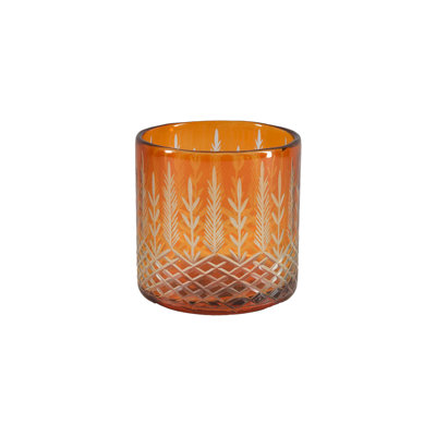 Serene Spaces Living 4" Orange Palm Etched Glass Hurricane – Dual-Purpose Design, Elegant Artisanal Craftsmanship, Candle Holder, Flower Arrangment, Floral Vase, Table Centerpiece